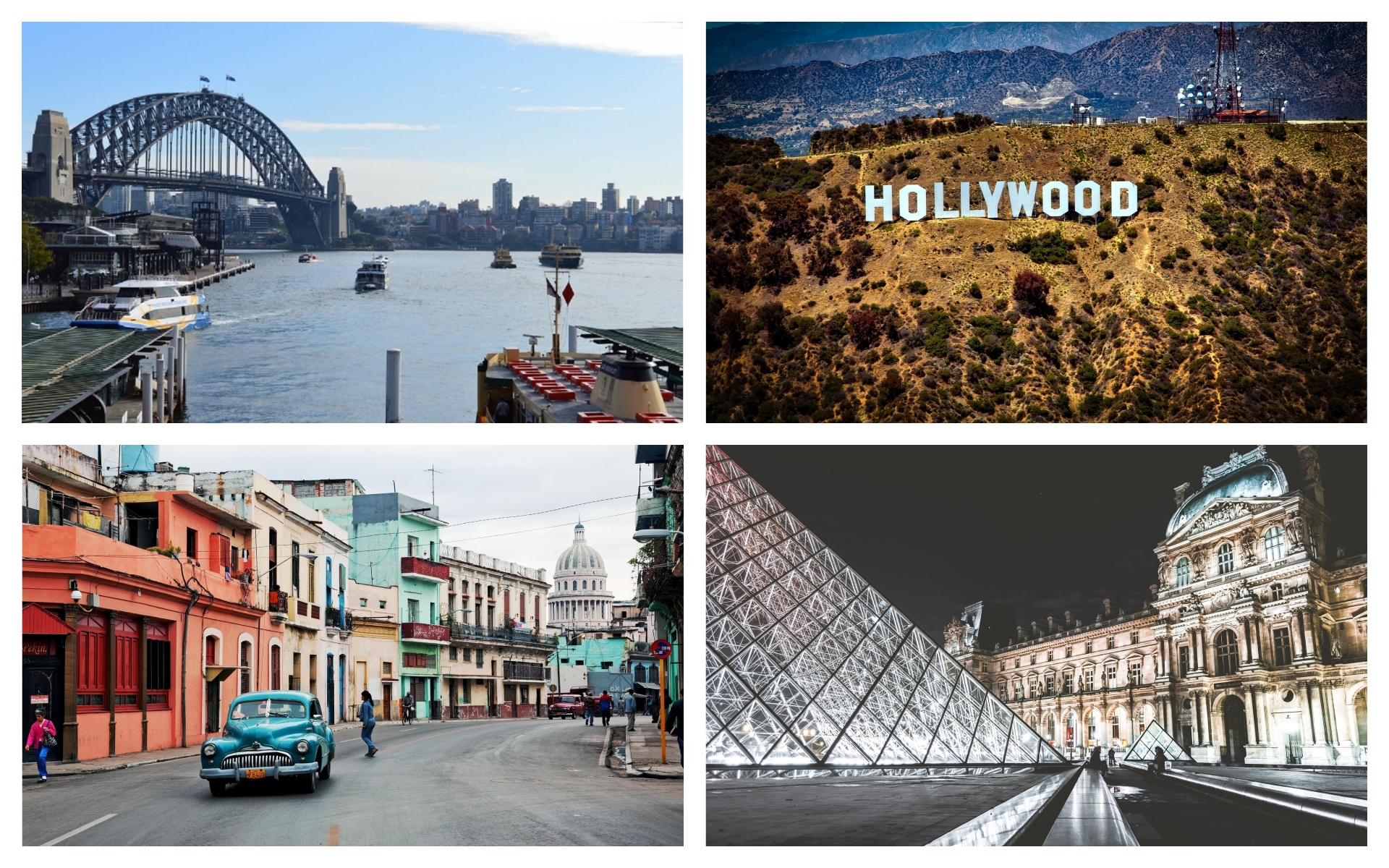 Photos of Sydney Harbour, The Hollywood Sign, Havana, Cuba, and the Louvre museum in Paris